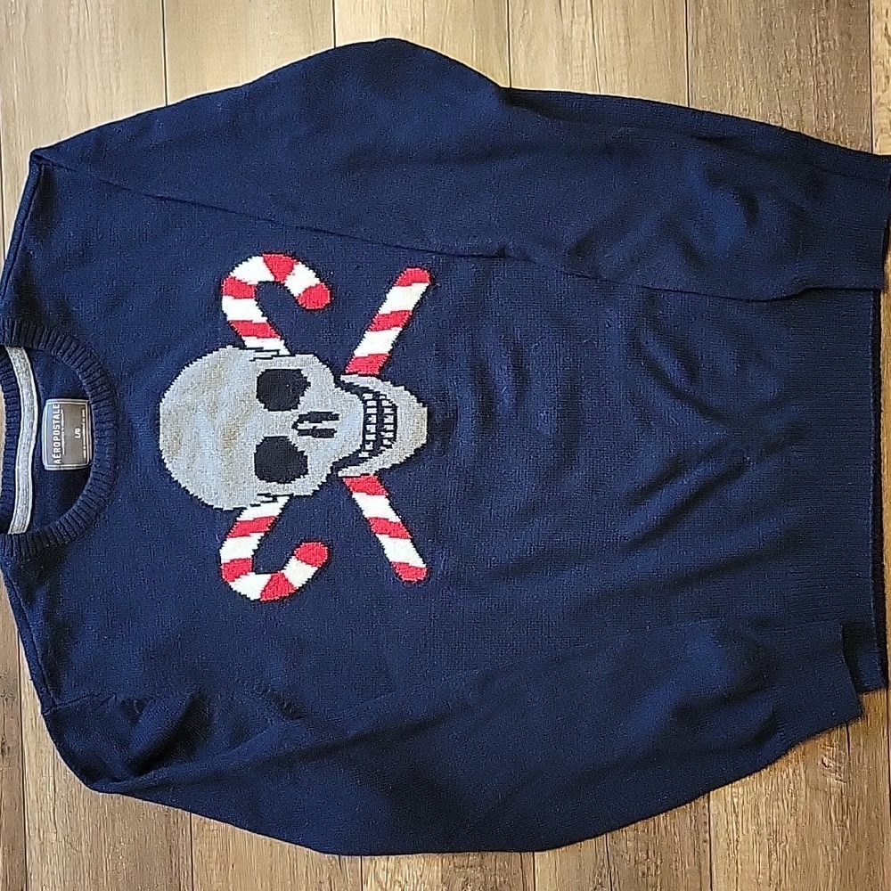 Worn Once! Navy Sweater with Skull and Candy Cane Design
